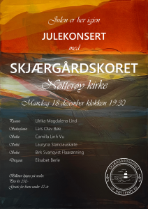 Plakat for Skjærgårdskoret julekonsert 2023, 18. desember i Nøtterøy Kirke klokken 19.30. Billettpris 250kr